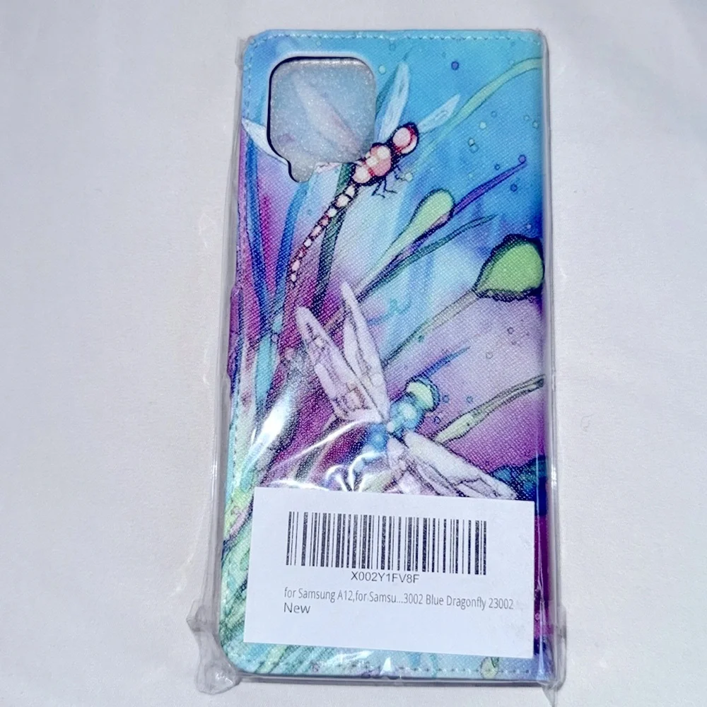 Case for Samsung A 12, Cute Dragonfly Leather Flip Phone Case Wallet Cover